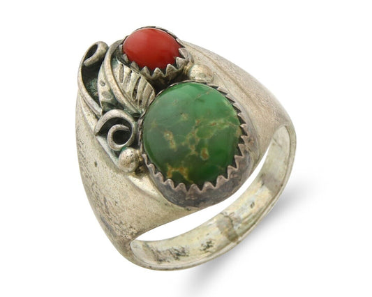 Navajo Ring 925 Sterling Turquoise & Coral Native Artist C.80's Size 6.5