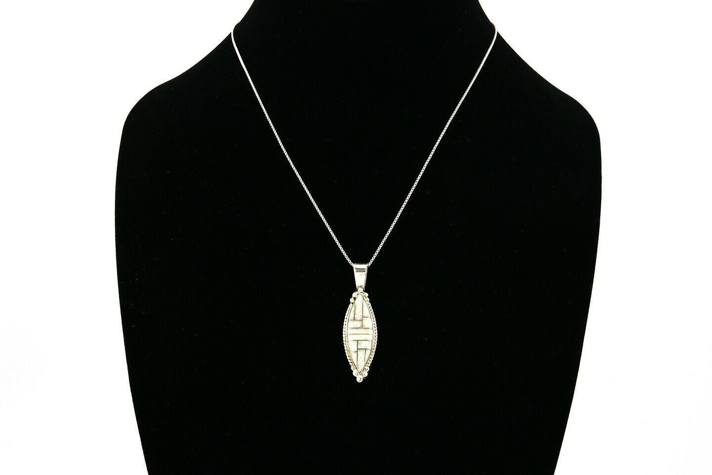 Navajo Inlaid Pendant .925 Silver Simulated Opal Handmade Necklace