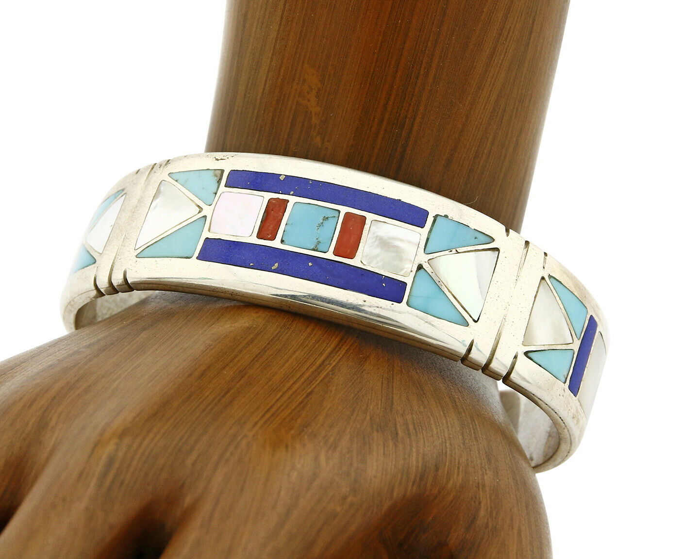 Early Artist David Freeland Inlaid Natural Gemstone .925 SOLID Silver Cuff