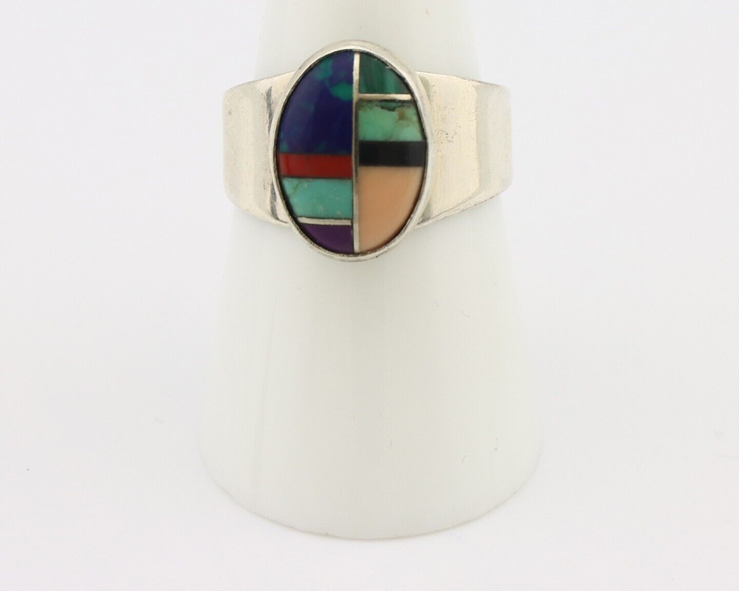 Zuni Inlaid Ring 925 Silver Mixed Natural Gemstones Native American Artist C.80s