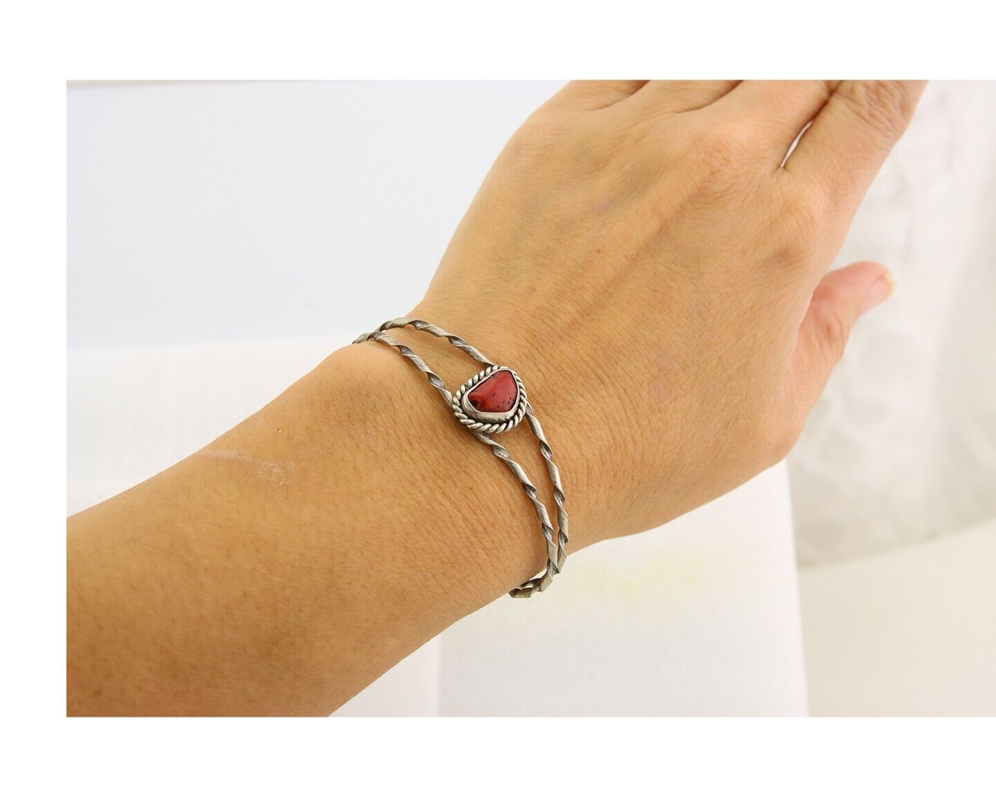 Navajo Bracelet .925 Silver Mediterranean Red Coral Cuff Native Artist C.80's