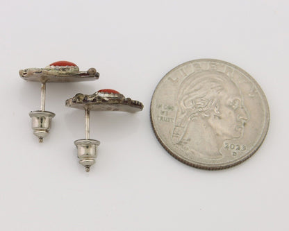 Navajo Earrings 925 Silver Natural Red Coral Artist Signed Begay C.80's