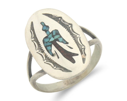 Navajo Ring 925 Sterling Natural Chip Inlay Coral & Turquoise C.80's Size 8.0