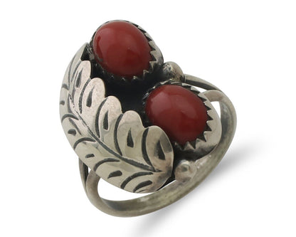 Navajo Handmade Ring 925 Silver Natural Mediterranean Coral Signed 88 C.80's