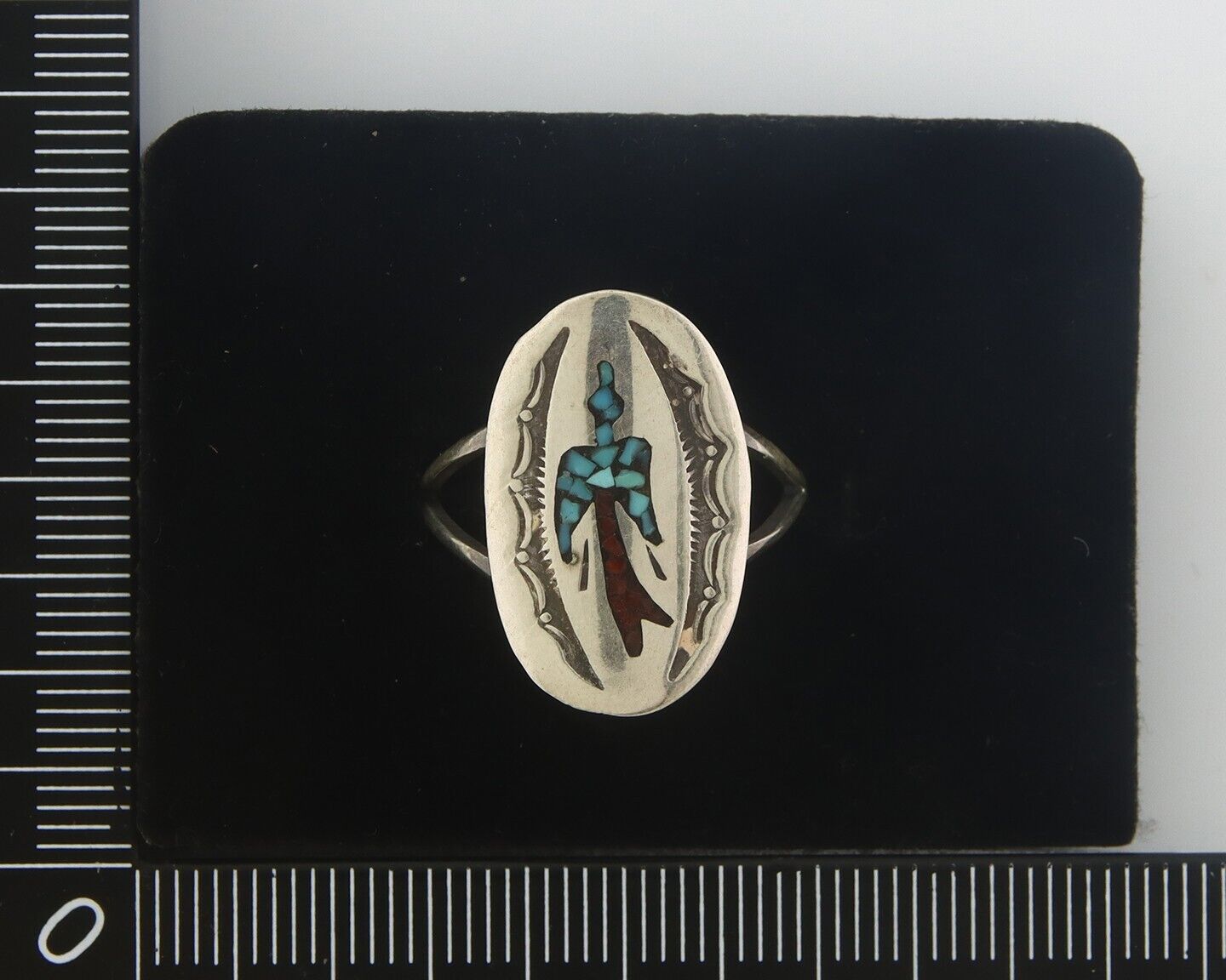 Navajo Ring 925 Sterling Natural Chip Inlay Coral & Turquoise C.80's Size 8.0