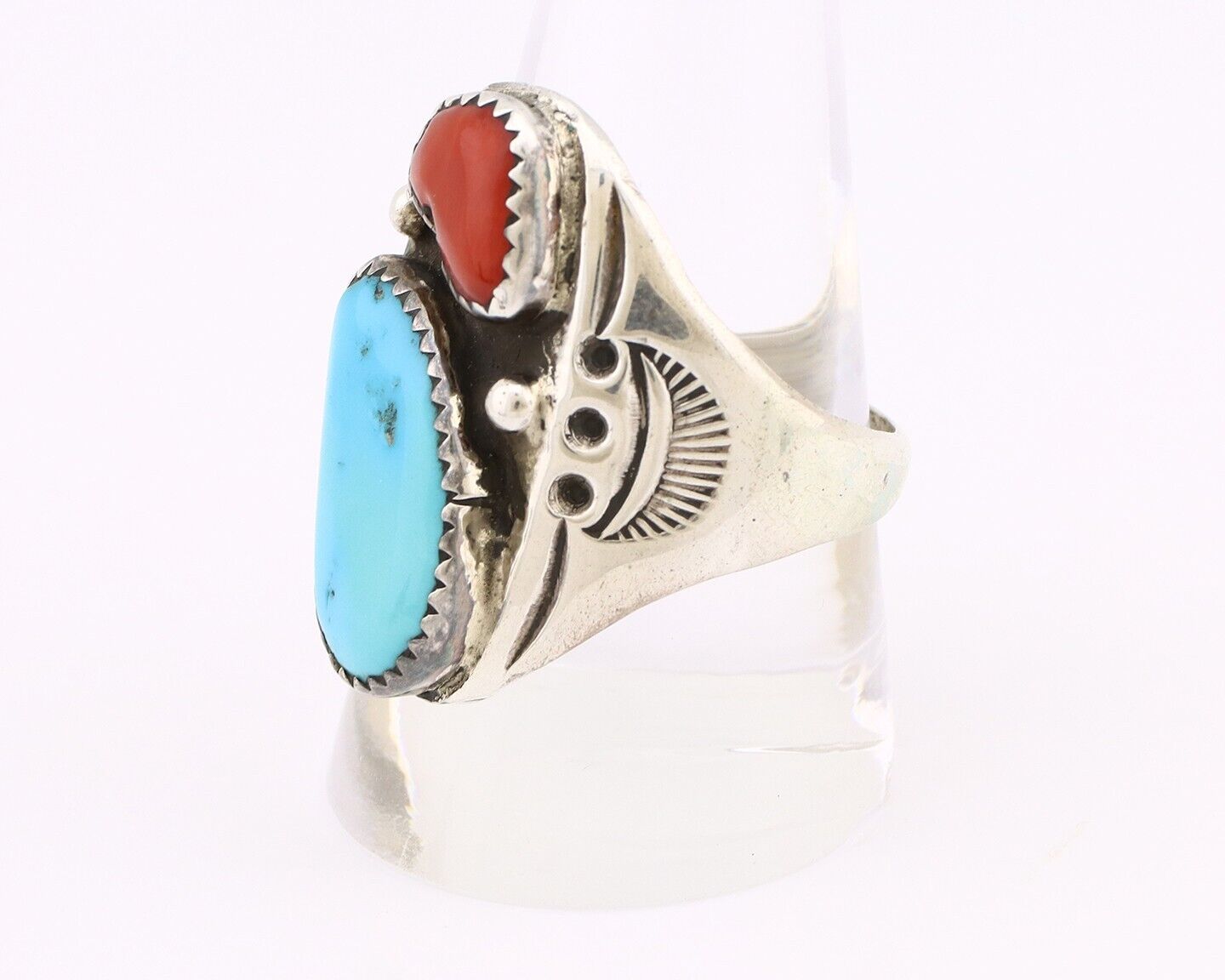 Navajo Ring 925 Silver Sleeping Beauty Turquoise & Coral Native Artist C.80s
