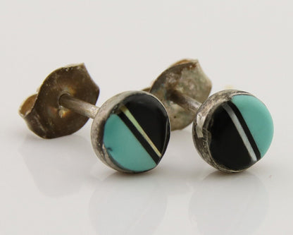 Navajo Earrings 925 Silver Inlaid Natural Onyx & Turquoise Native American C.80s