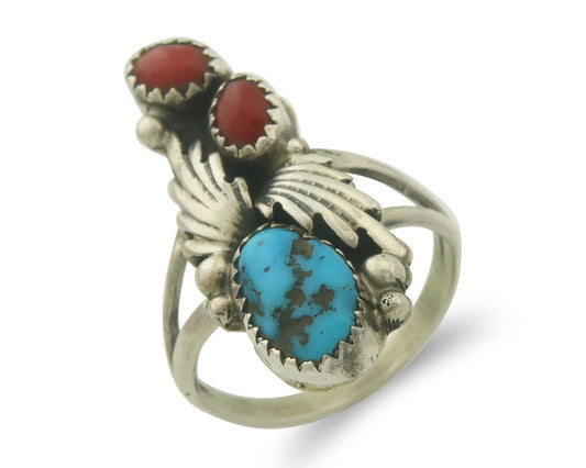 Vintage Navajo Ring 925 Sterling Natural Coral & Turquoise Native Artist Sz 7.0