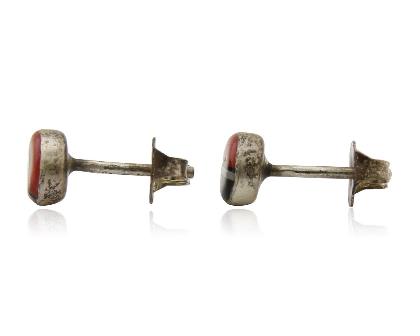 Navajo Earrings 925 Silver Inlaid Natural Onyx & Coral Native Artist C.80's