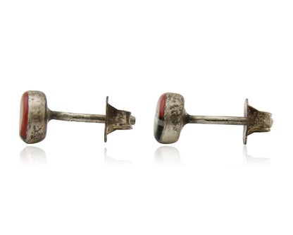 Navajo Earrings 925 Silver Inlaid Natural Onyx & Coral Native Artist C.80's