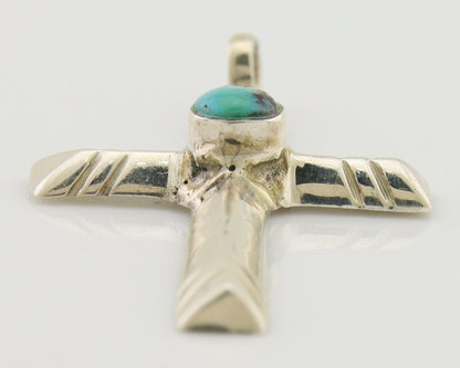 Navajo Sand Cast Cross Pendant 925 Silver Turquoise Artist Signed J Yazzie C.80s