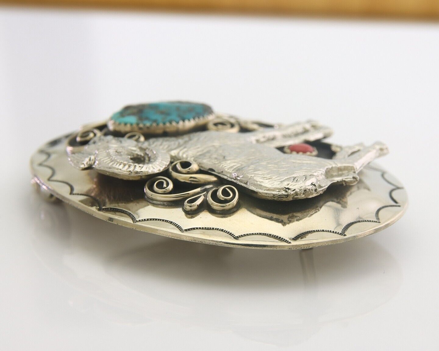 Navajo Belt Buckle .999 Nickel Buffalo Gemstone Signed 2.35 x 3.0 in C.80's