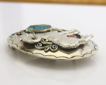 Navajo Belt Buckle .999 Nickel Buffalo Gemstone Signed 2.35 x 3.0 in C.80's