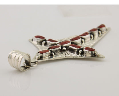 Large Navajo Cross Pendant 925 Silver Mediterranean Coral Artist Signed RD C.80s