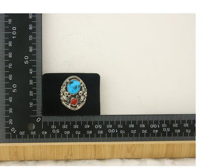Navajo Ring 925 Sterling Natural Coral & Turquoise Native Artist C.80's Size 9.0