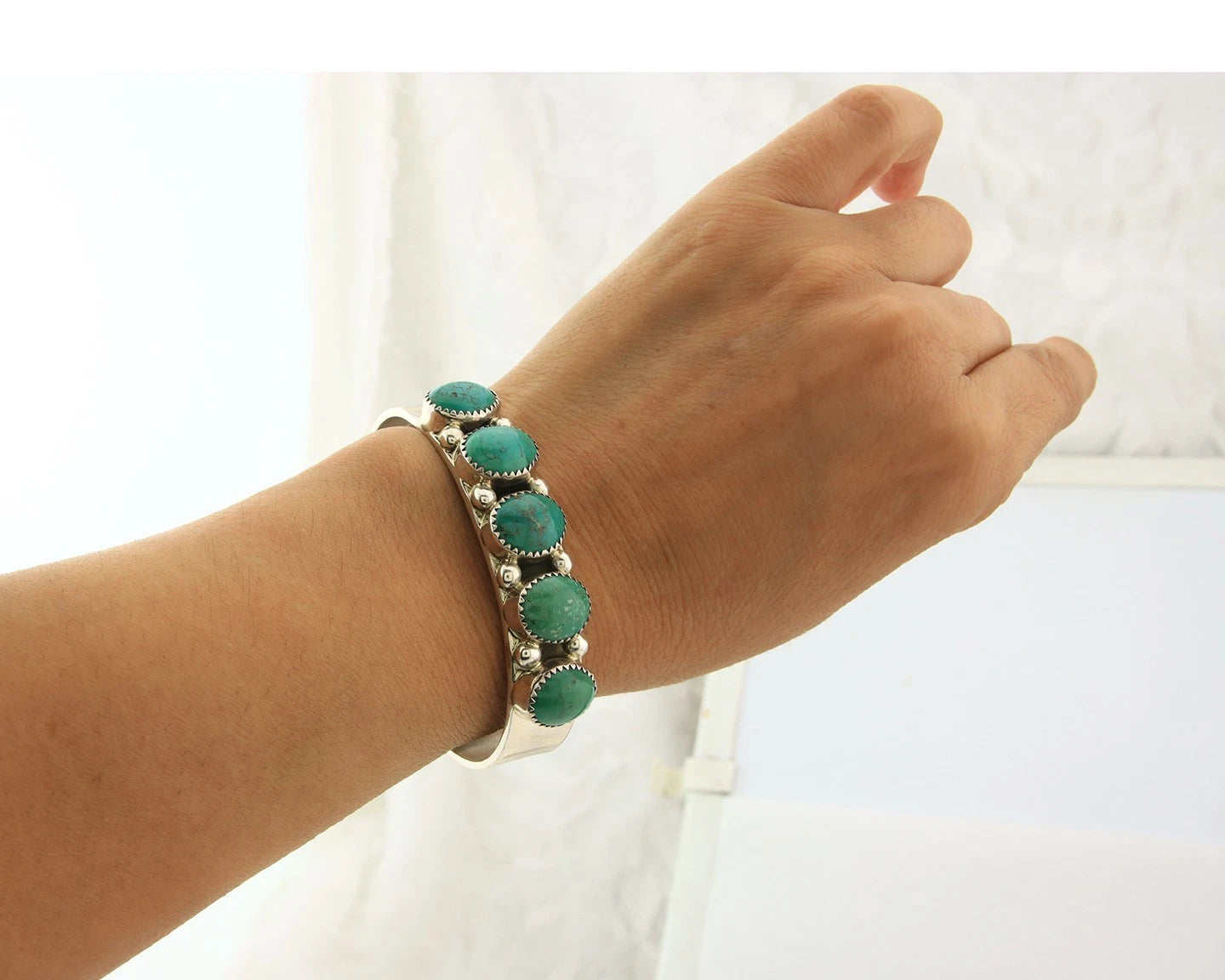 Navajo Cuff Bracelet Sterling Silver Turquoise Vintage Native Art Signed C Jones