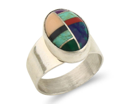 Zuni Inlaid Ring 925 Silver Mixed Natural Gemstones Native American Artist C.80s