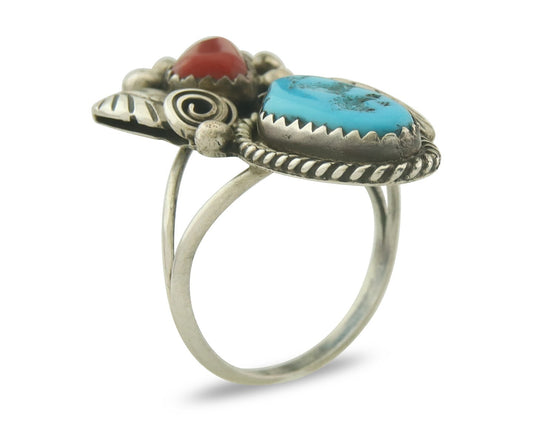 Vintage Navajo Ring 925 Sterling Natural Coral & Turquoise Native Artist Sz 6.75