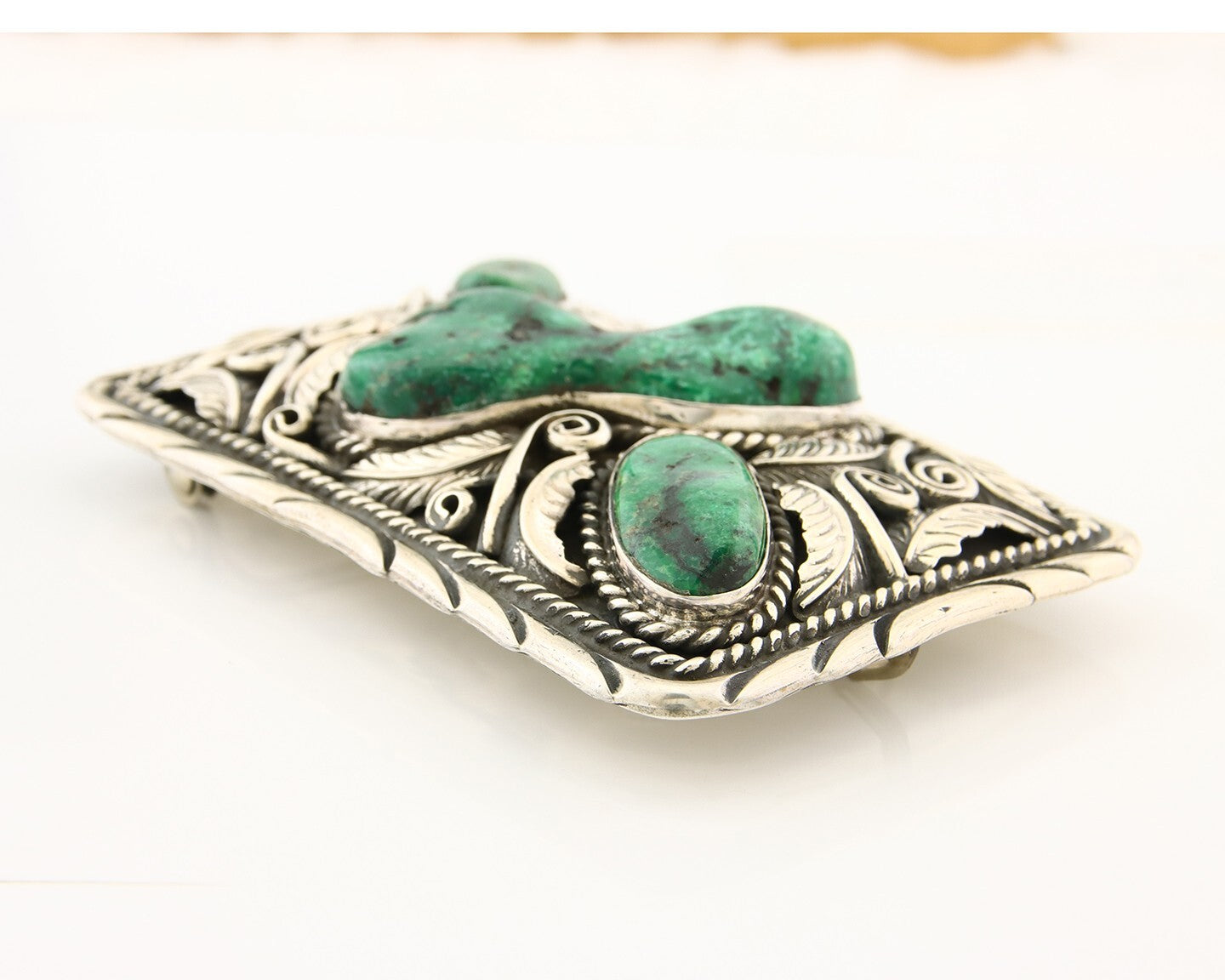 Navajo Ranger Belt Buckle 925 Silver Mined Green Turquoise Signed H Martinez C80