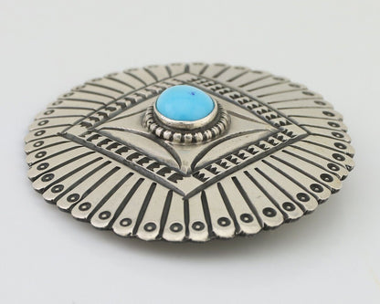 Navajo Pin 925 Silver Natural Turquoise Hand Stamped Native Artist C.80s