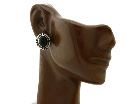 Navajo Hand Stamped Natural Mined Black Onyx .925 SOLID Silver Stud Earrings