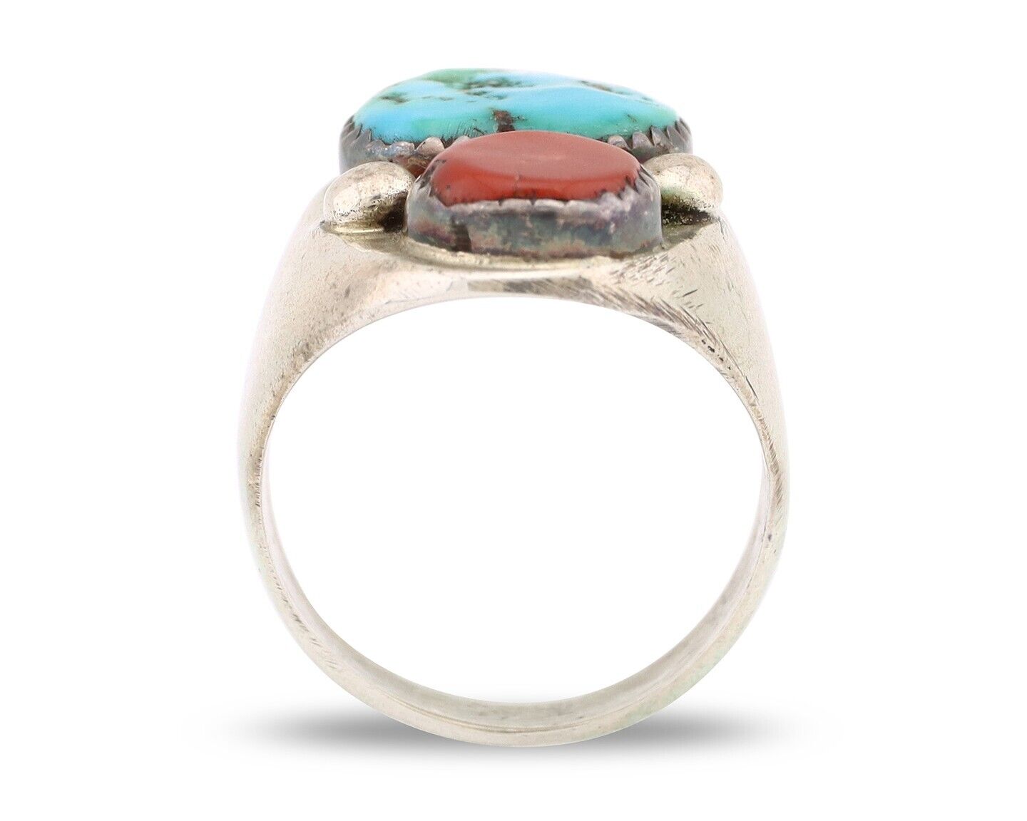 Navajo Ring 925 Silver Sleeping Beauty Turquoise & Coral Native Artist C.80s