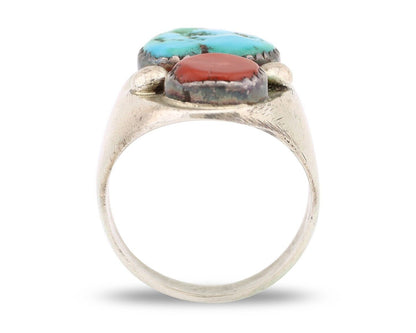 Navajo Ring 925 Silver Sleeping Beauty Turquoise & Coral Native Artist C.80s