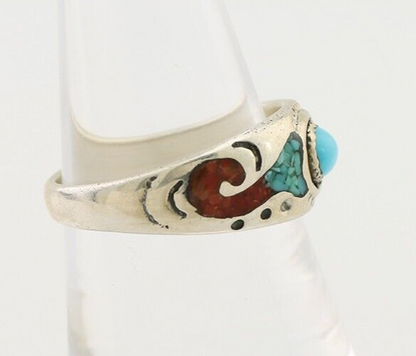 Navajo Ring 925 Silver Turquoise & Coral Natural American Artist C.80's