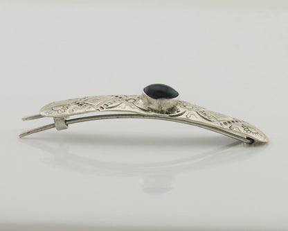 Women Navajo Barrette 925 Silver Hand Stamped Onyx Signed Native Artist C.80's