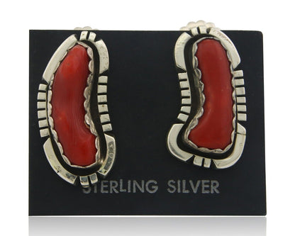 Navajo Earrings 925 Silver Natural Coral Artist Signed Charles Johnson C.80's
