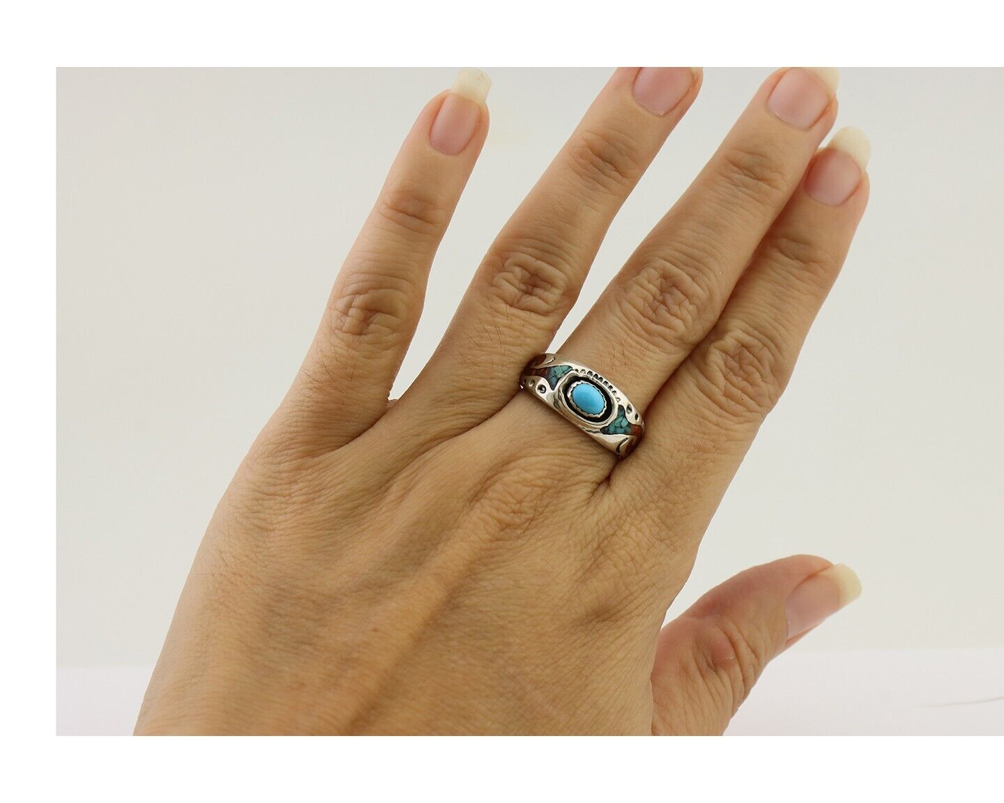 Navajo Ring 925 Silver Turquoise & Coral Natural American Artist C.80's