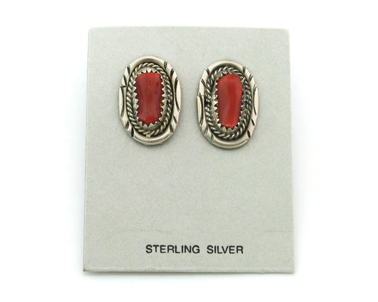 Navajo Dangle Earrings Sterling Silver Handmade Vintage Natural Coral