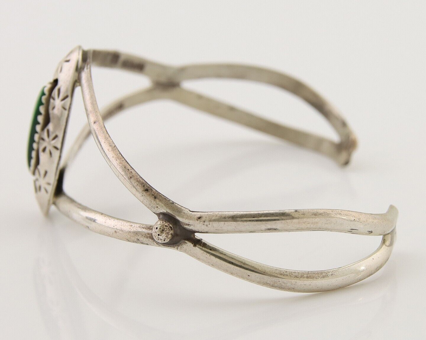 Navajo Hand Stamped Cuff Bracelet Malachite 925 Silver Artist Signed IJC C.80's