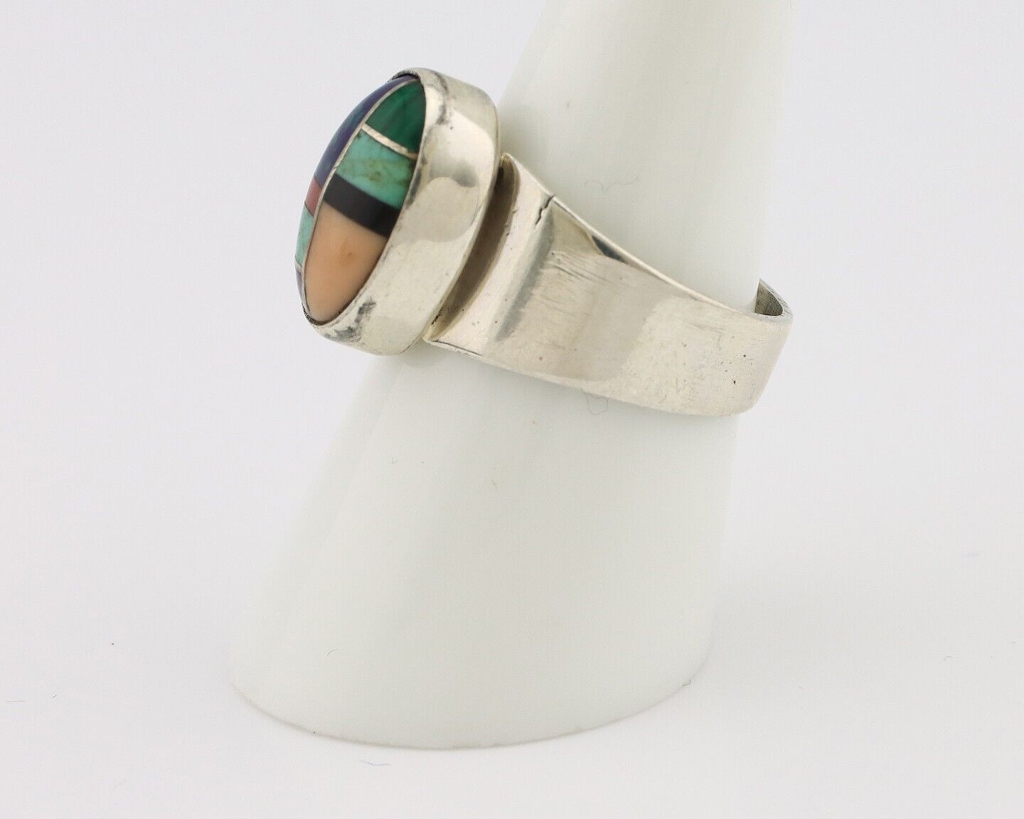 Zuni Inlaid Ring 925 Silver Mixed Natural Gemstones Native American Artist C.80s