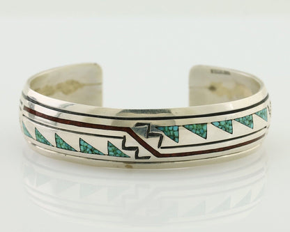 Navajo Inlay Bracelet 925 Silver Turquoise & Coral Signed Stanely Bain C.80's