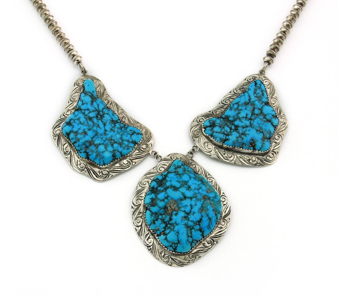 Navajo Bead Necklace Sterling Silver Natural Nugget Turquoise Vintage Handmade