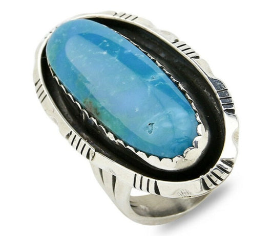 Navajo Museum Quality Handmade .925 Silver Large Natural Blue Turquoise Ring