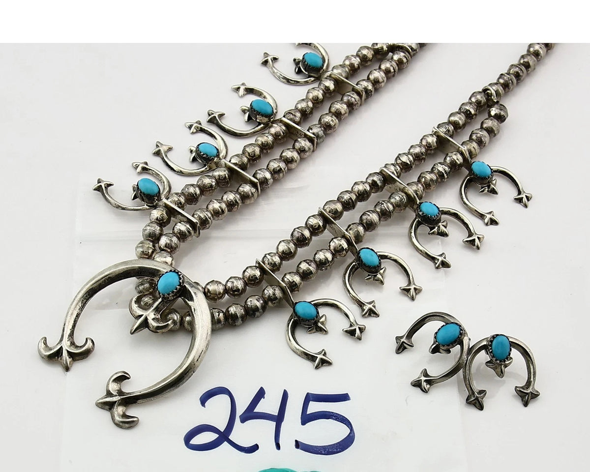 Navajo Squash Necklace Earring Set Sterling Silver Turquoise Vintage C.80's