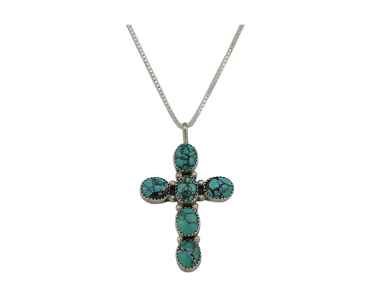 Navajo Cross Necklace 925 Silver Blue Spiderweb Turquoise Artist Signed JW C80s