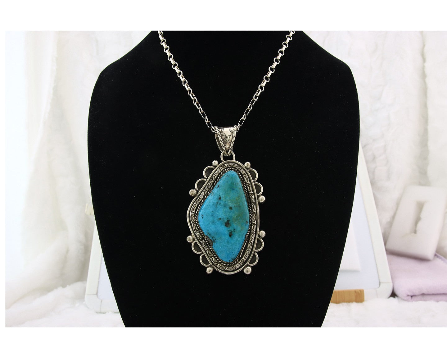 Large Navajo Necklace Sterling Silver Authentic Turquoise Vintage Signed Gomez