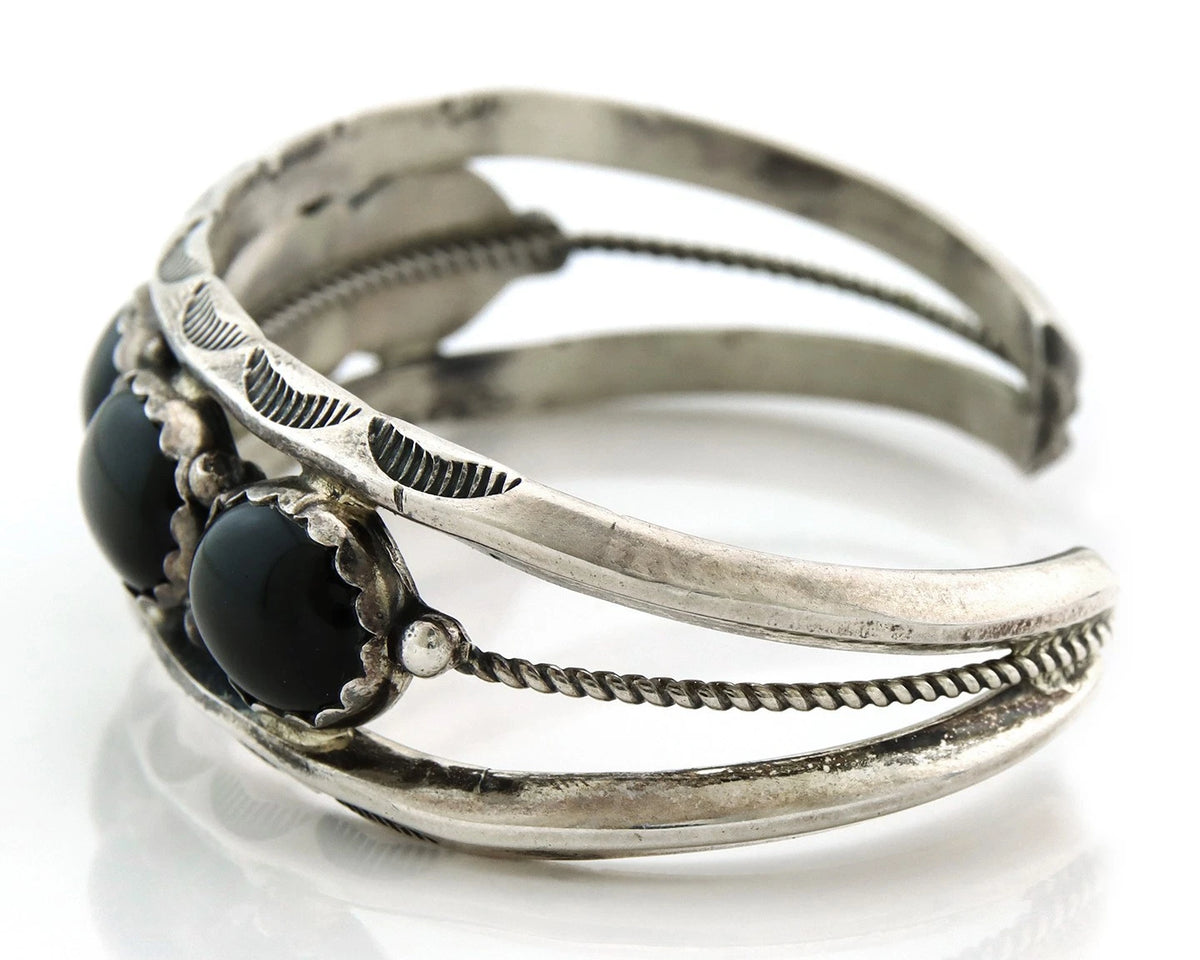 Navajo Cuff Bracelet 925 Sterling Silver Onyx Handmade Vintage Signed H Spencer