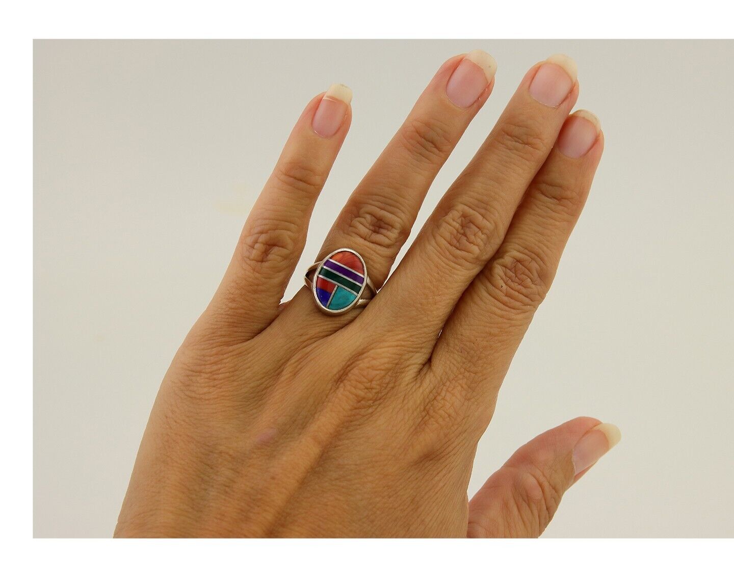 Navajo Ring 925 Sterling Silver Natural Gemstones Artist Signed Sunrise C.80's