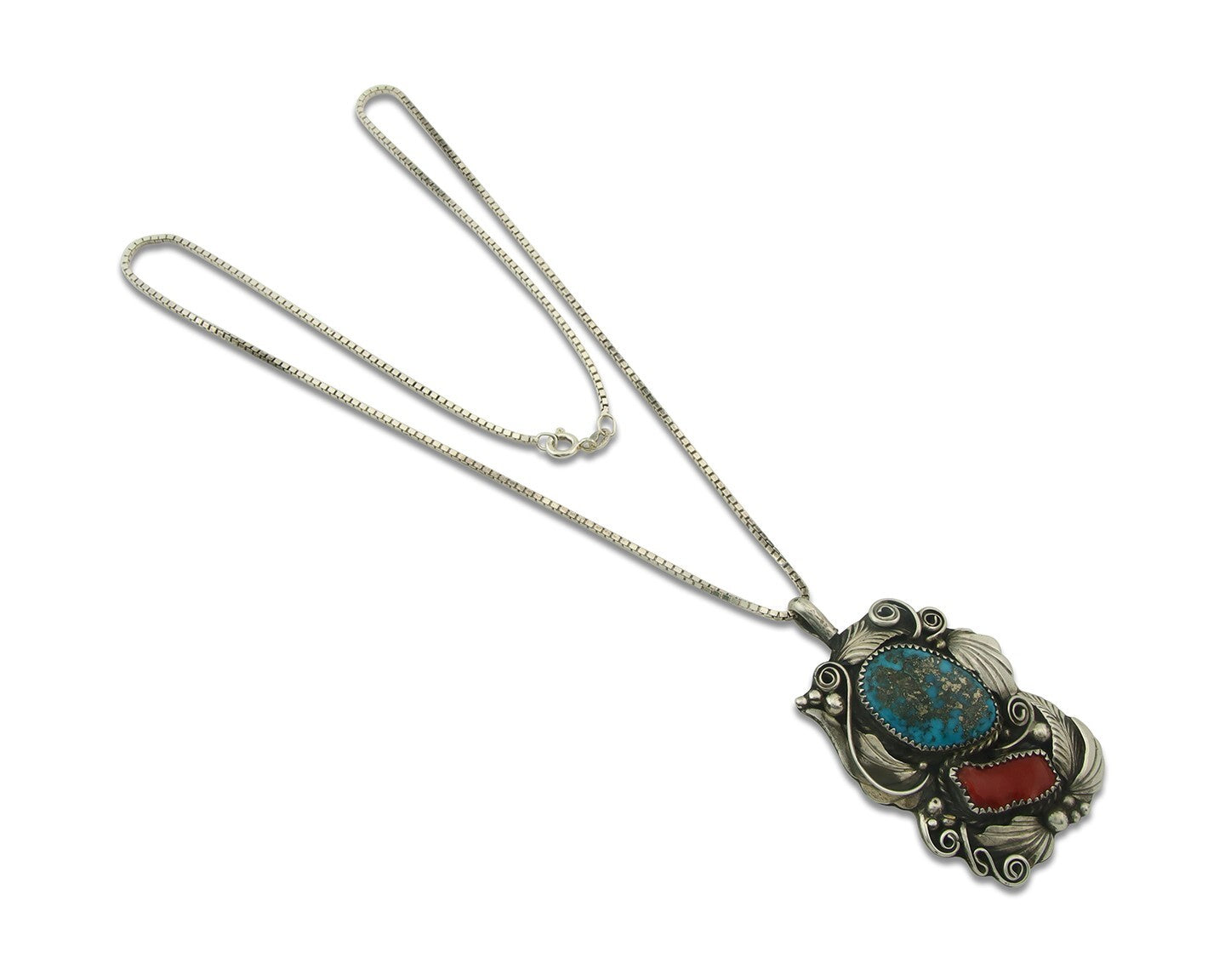 Navajo Necklace 925 Silver Morenci Turquoise & Coral Signed Justin Morris