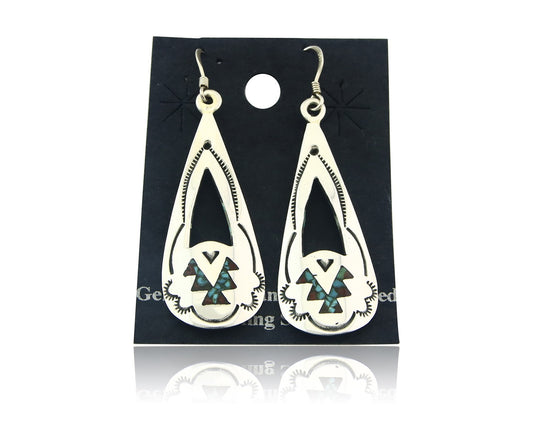 Navajo Earrings Sterling Silver Coral & Turquoise Vintage Dangle Handmade