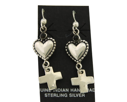Navajo Earrings 925 Silver Heart Cross Natural Onyx Native American Artist C.80s