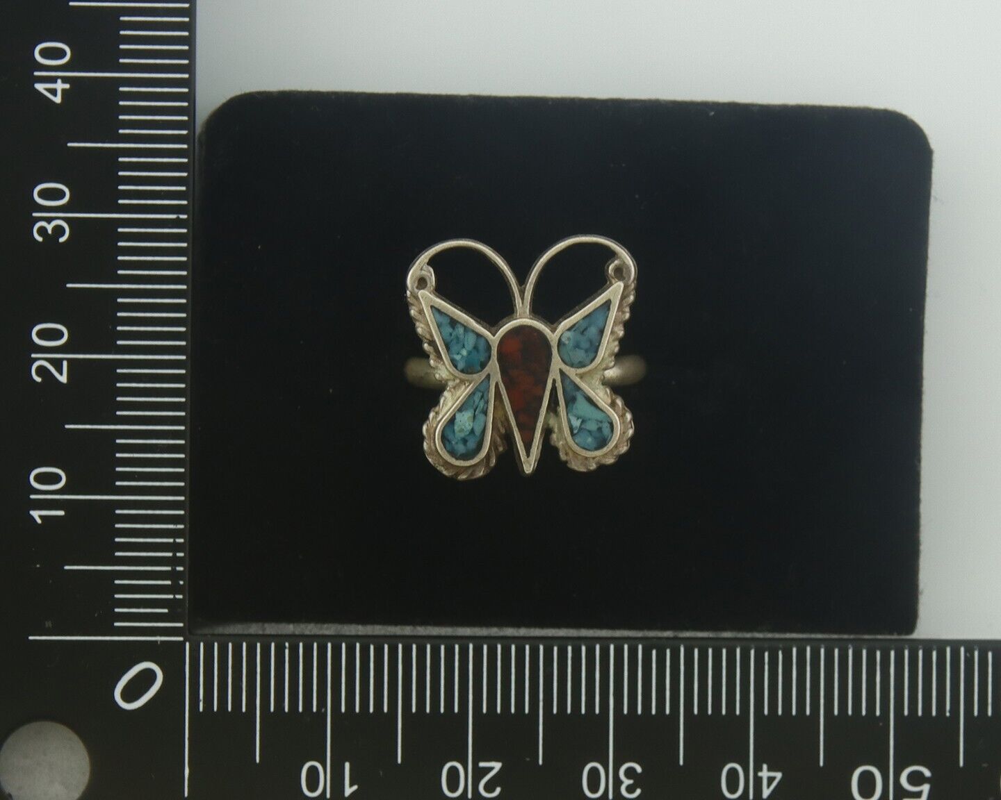 Navajo Ring 925 Silver Inlaid Butterfly Turquoise & Coral C.80's Size 5.0