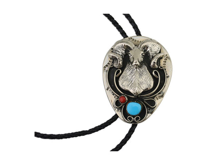 Navajo Goat Head Bolo Tie Horse Head .999 Nickel Coral & Turquoise Native C.80's