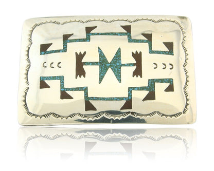 Vintage Navajo Belt Buckle 925 Silver Handmade Inlaid Gemstone Signed HB
