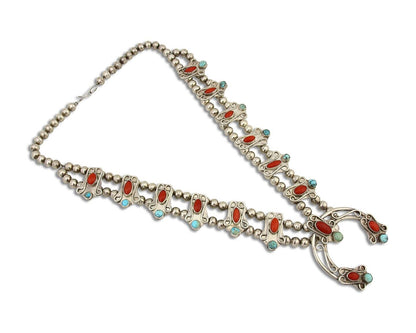 Navajo Coral Turquoise Squash Necklace 925 Silver Native Artist