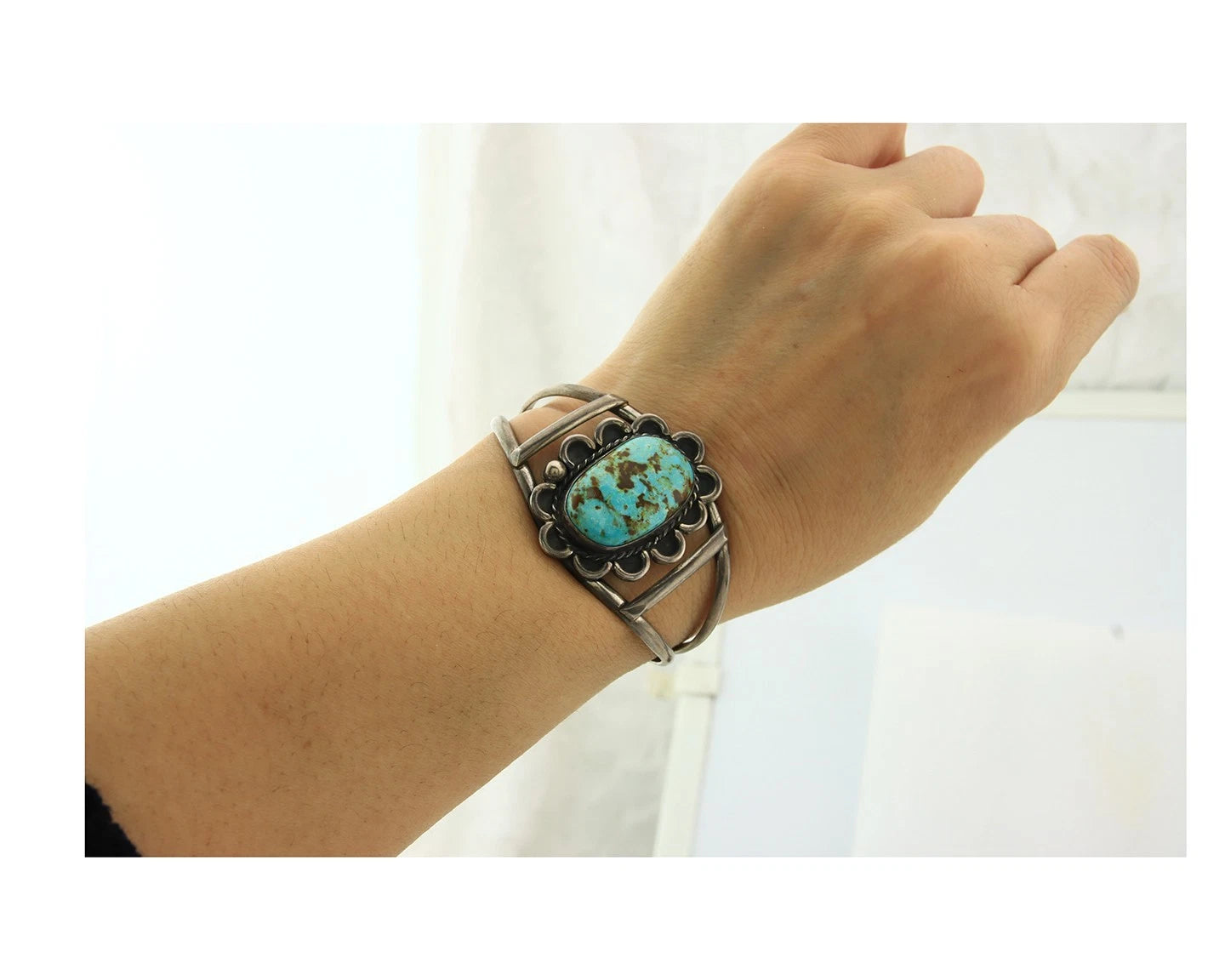 Navajo Cuff Bracelet Sterling Silver Turquoise Vintage Artist Signed JP